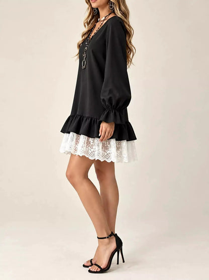 White Lace Hem V-Neck Flounce Sleeve Dress - Bitsy Gypsy Boutique