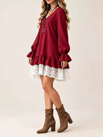 White Lace Hem V-Neck Flounce Sleeve Dress - Bitsy Gypsy Boutique