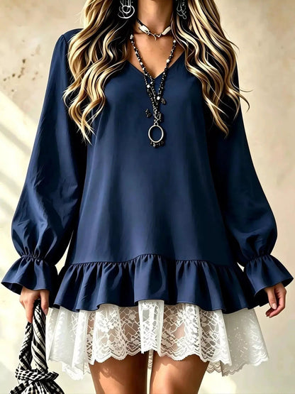 White Lace Hem V-Neck Flounce Sleeve Dress - Bitsy Gypsy Boutique