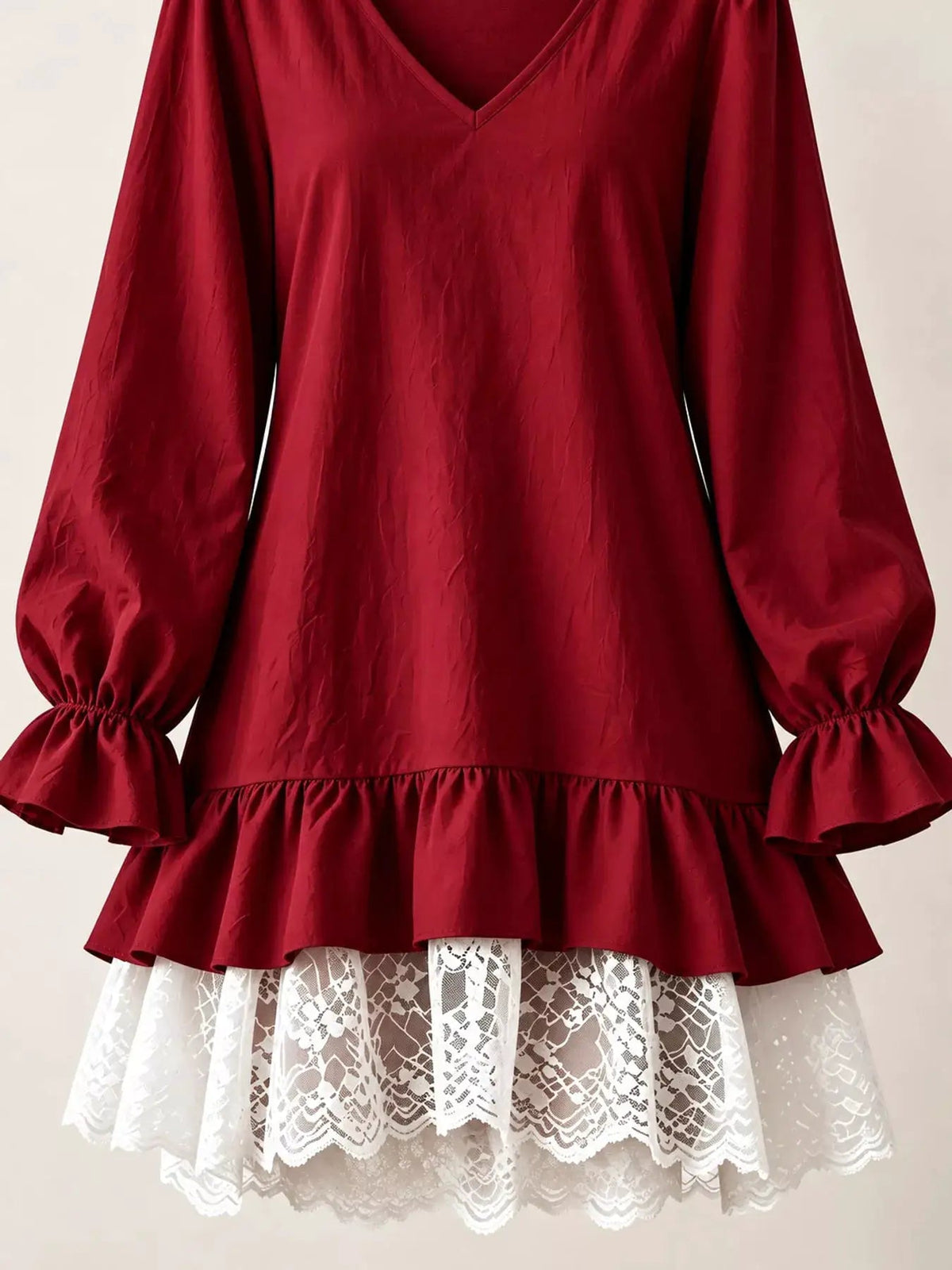 White Lace Hem V-Neck Flounce Sleeve Dress - Bitsy Gypsy Boutique