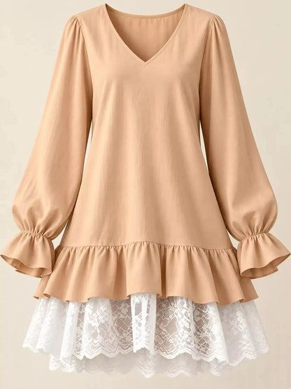 White Lace Hem V-Neck Flounce Sleeve Dress - Bitsy Gypsy Boutique