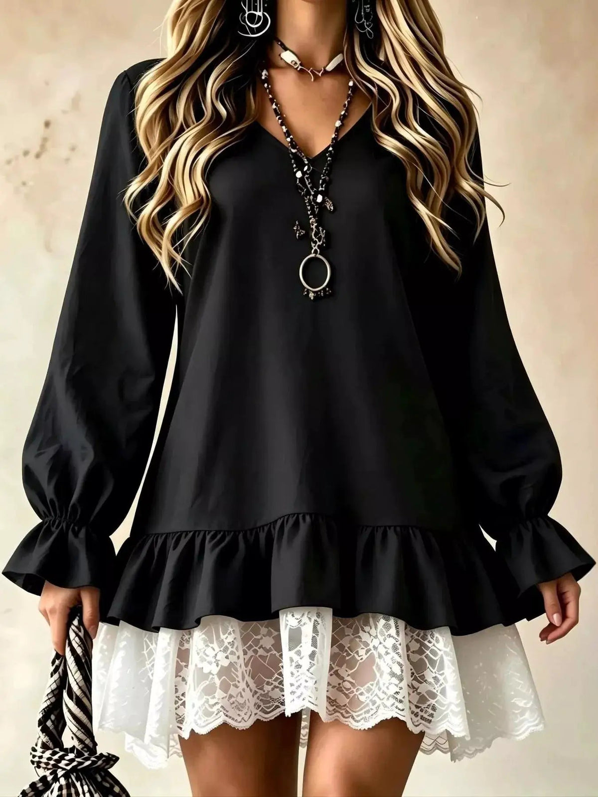 White Lace Hem V-Neck Flounce Sleeve Dress - Bitsy Gypsy Boutique