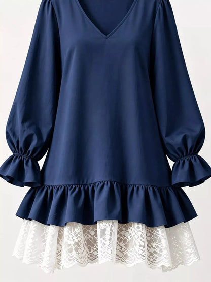 White Lace Hem V-Neck Flounce Sleeve Dress - Bitsy Gypsy Boutique