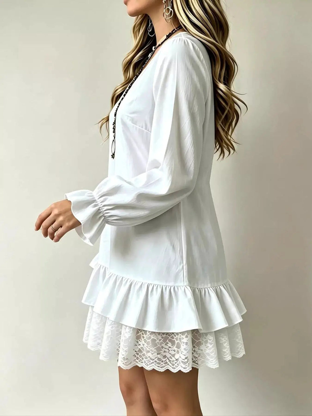 White Lace Hem V-Neck Flounce Sleeve Dress - Bitsy Gypsy Boutique