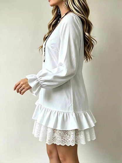 White Lace Hem V-Neck Flounce Sleeve Dress - Bitsy Gypsy Boutique