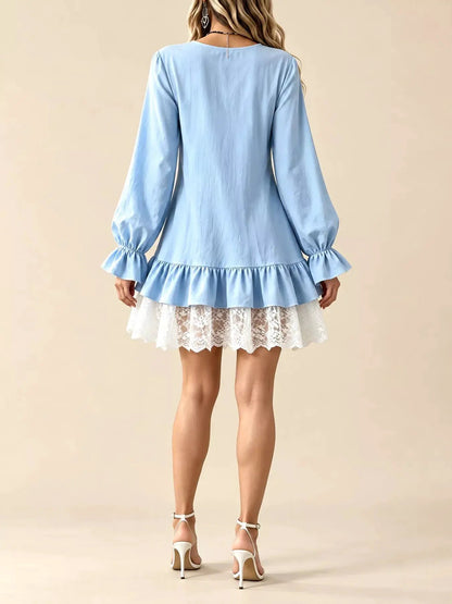 White Lace Hem V-Neck Flounce Sleeve Dress - Bitsy Gypsy Boutique