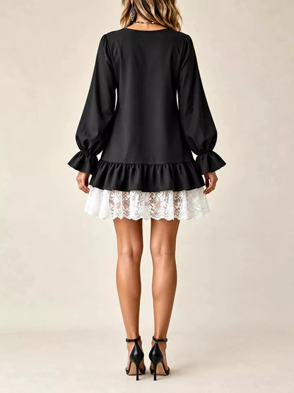White Lace Hem V-Neck Flounce Sleeve Dress - Bitsy Gypsy Boutique