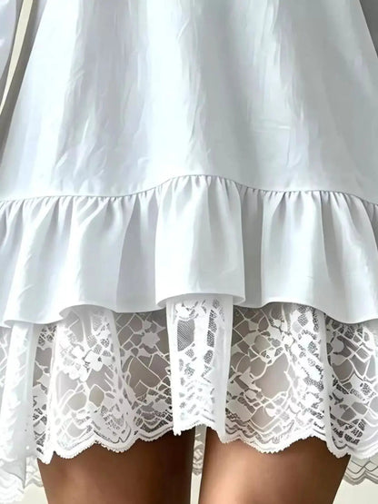 White Lace Hem V-Neck Flounce Sleeve Dress - Bitsy Gypsy Boutique