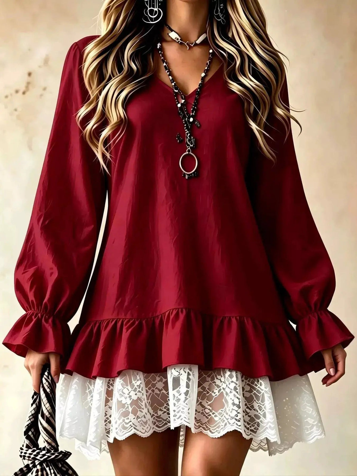 White Lace Hem V-Neck Flounce Sleeve Dress - Bitsy Gypsy Boutique
