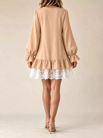White Lace Hem V-Neck Flounce Sleeve Dress - Bitsy Gypsy Boutique