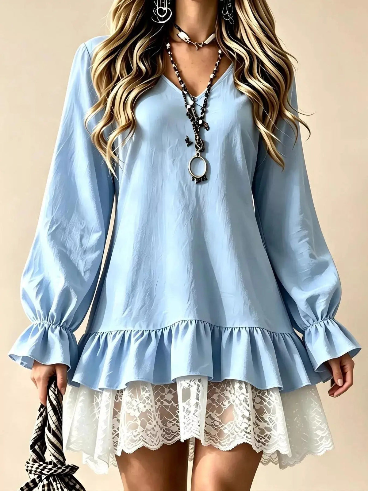 White Lace Hem V-Neck Flounce Sleeve Dress - Bitsy Gypsy Boutique