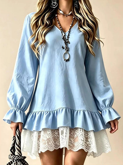 White Lace Hem V-Neck Flounce Sleeve Dress - Bitsy Gypsy Boutique