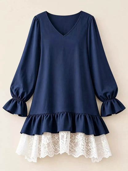 White Lace Hem V-Neck Flounce Sleeve Dress - Bitsy Gypsy Boutique