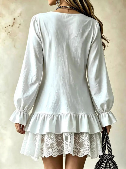 White Lace Hem V-Neck Flounce Sleeve Dress - Bitsy Gypsy Boutique