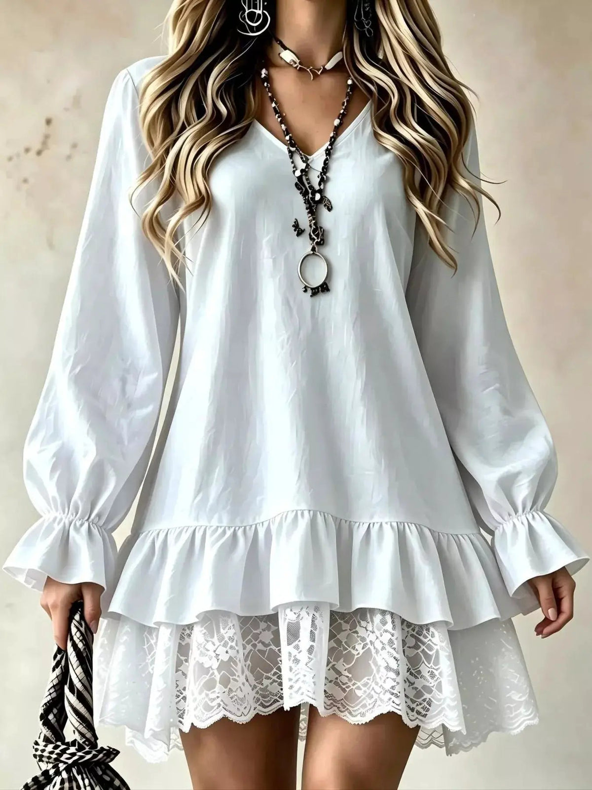 White Lace Hem V-Neck Flounce Sleeve Dress - Bitsy Gypsy Boutique