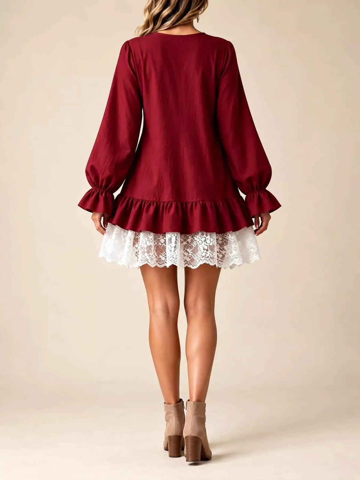 White Lace Hem V-Neck Flounce Sleeve Dress - Bitsy Gypsy Boutique