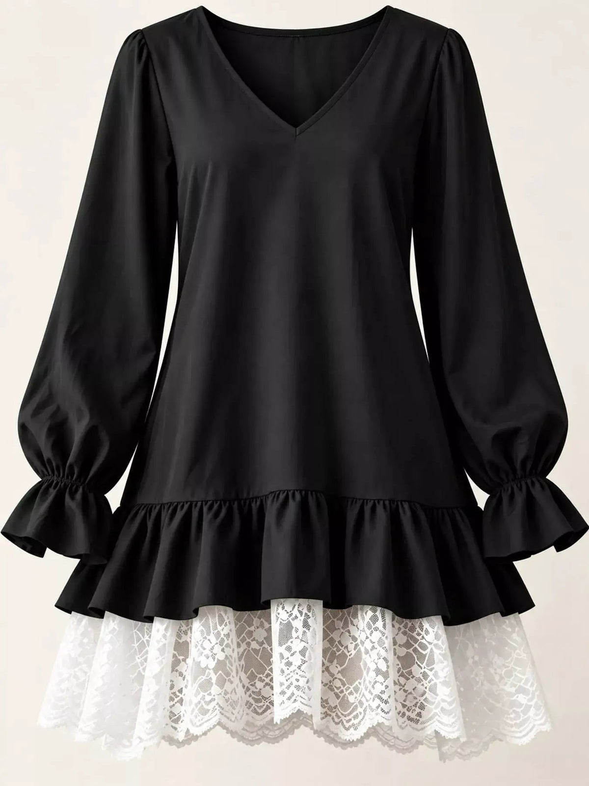White Lace Hem V-Neck Flounce Sleeve Dress - Bitsy Gypsy Boutique