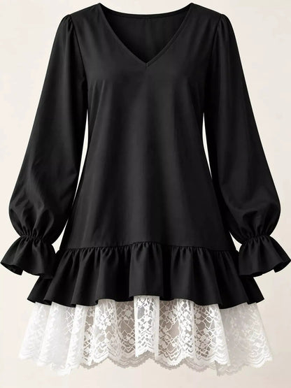White Lace Hem V-Neck Flounce Sleeve Dress - Bitsy Gypsy Boutique
