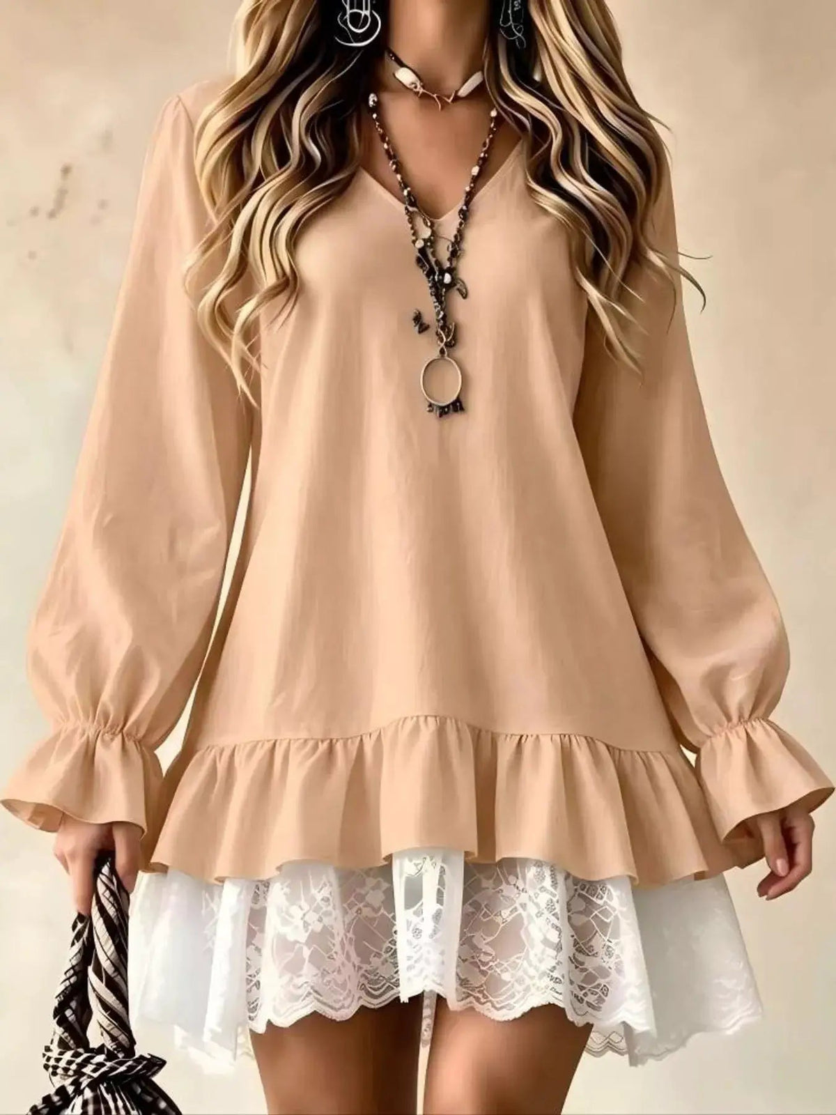 White Lace Hem V-Neck Flounce Sleeve Dress - Bitsy Gypsy Boutique