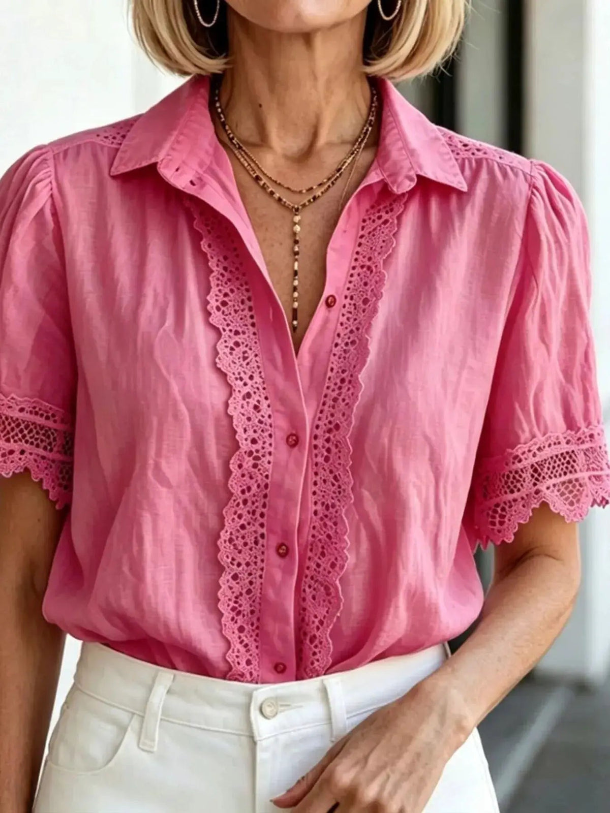 White Lace Trim Short Sleeve Button Down Shirt - Bitsy Gypsy Boutique