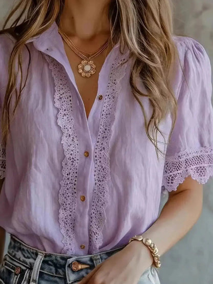 White Lace Trim Short Sleeve Button Down Shirt - Bitsy Gypsy Boutique