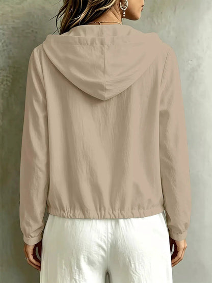 White Long Sleeve Button Front Hooded Drawstring Blouse - Bitsy Gypsy Boutique