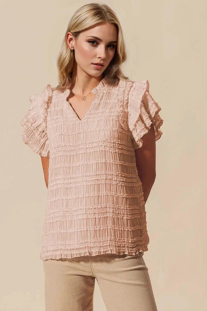 White Notched V Neck Flounce Sleeve Blouse - Bitsy Gypsy Boutique