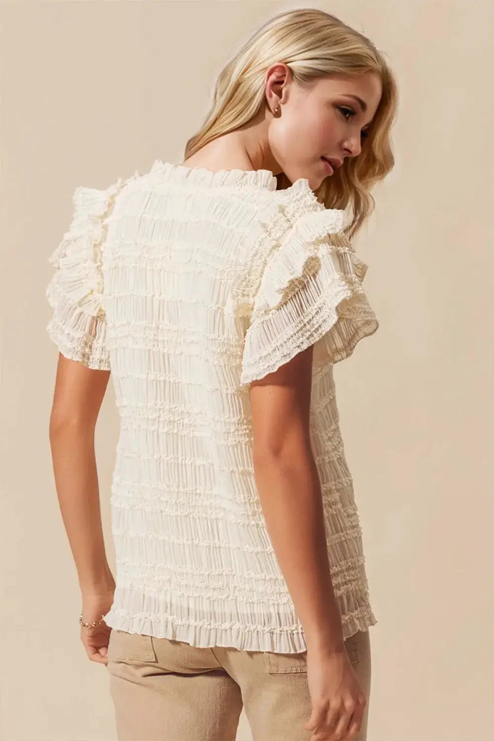 White Notched V Neck Flounce Sleeve Blouse - Bitsy Gypsy Boutique