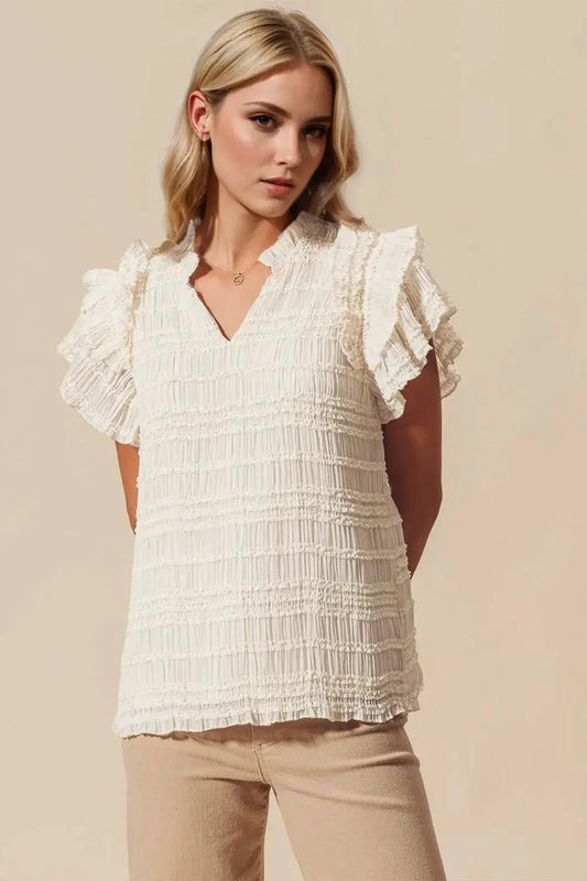 White Notched V Neck Flounce Sleeve Blouse - Bitsy Gypsy Boutique