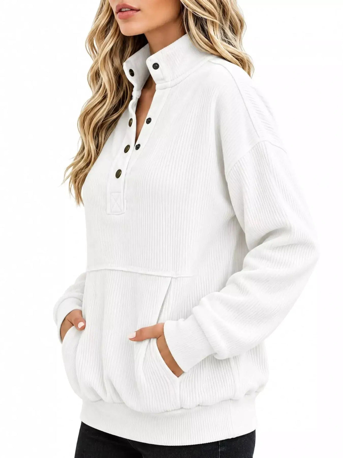 White Quarter Snap Kangaroo Pocket Sweatshirt - Bitsy Gypsy Boutique
