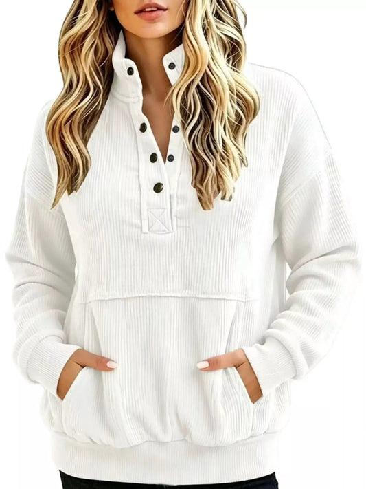 White Quarter Snap Kangaroo Pocket Sweatshirt - Bitsy Gypsy Boutique