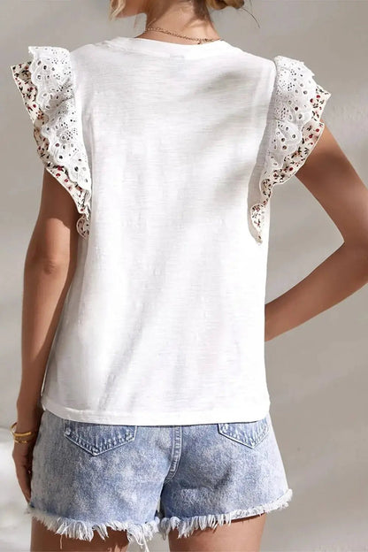 White Ruffled Round Neck Cap Sleeve Plus Size Top - Bitsy Gypsy Boutique