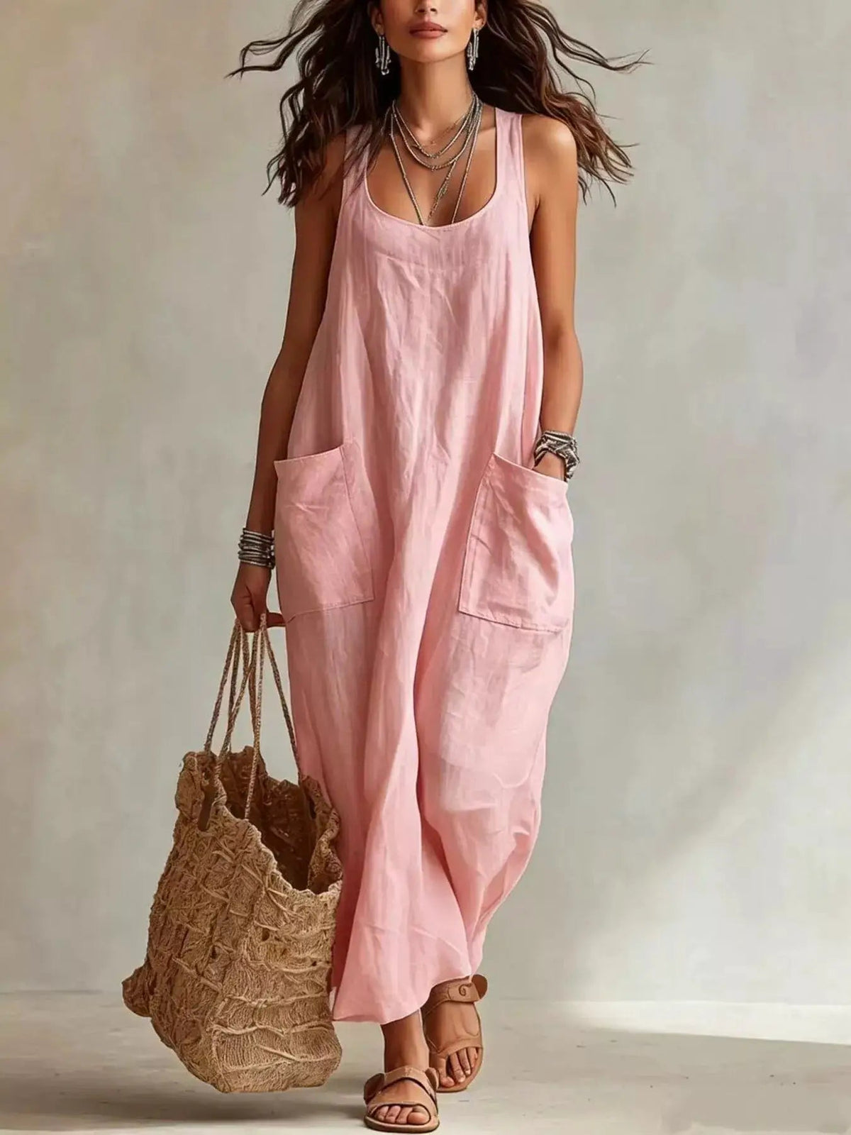 White Scoop Neck Sleeveless Maxi Dress With Pockets - Bitsy Gypsy Boutique
