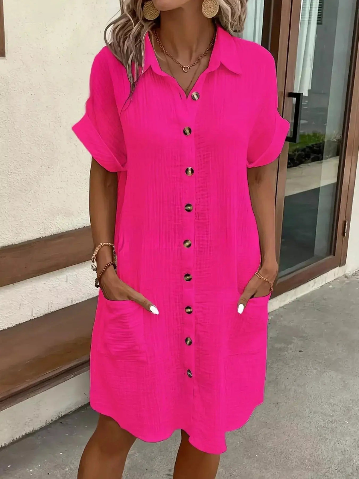 White Textured Button Down Shirt Dress With Pockets - Bitsy Gypsy Boutique
