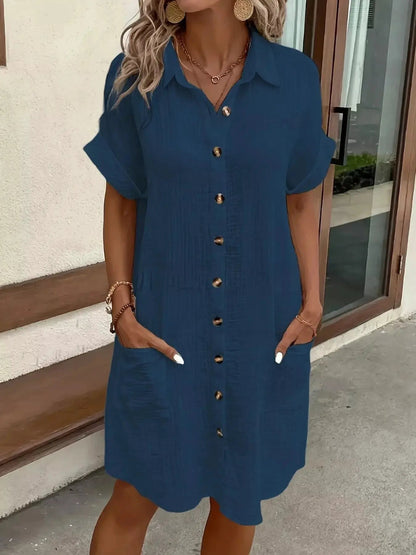 White Textured Button Down Shirt Dress With Pockets - Bitsy Gypsy Boutique