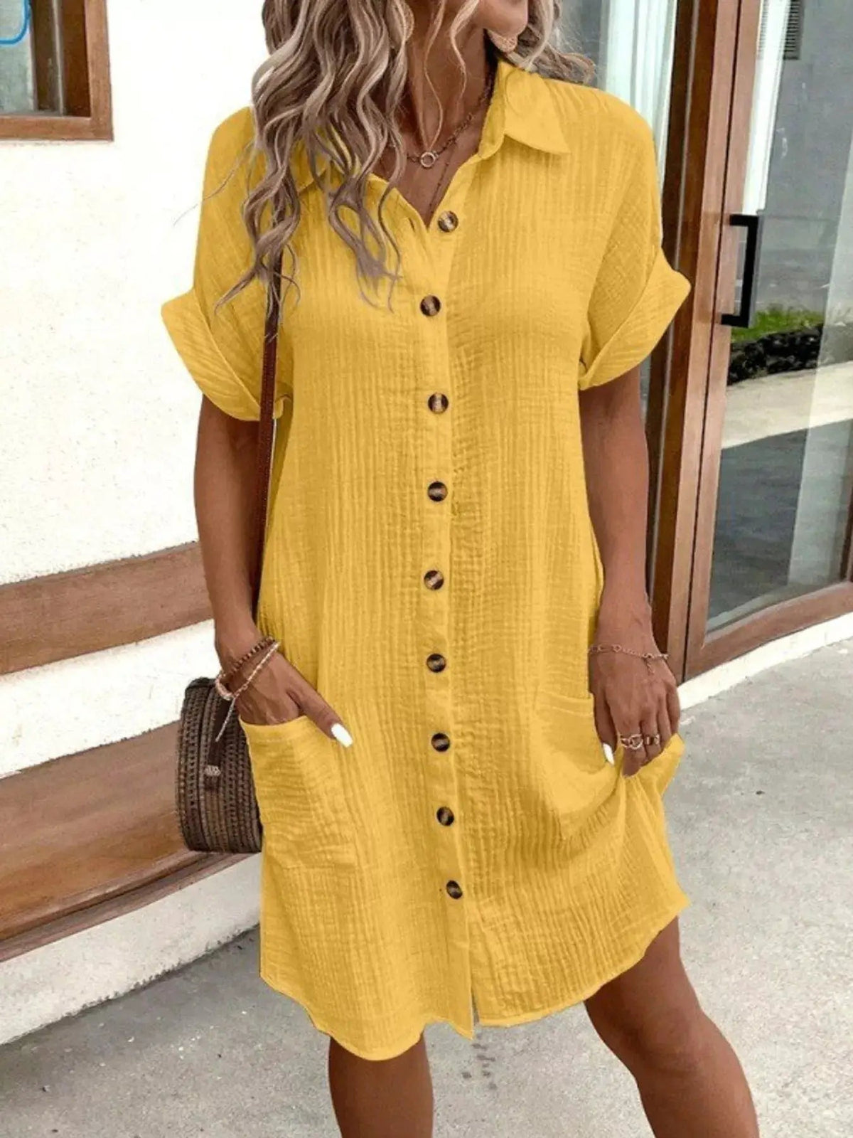 White Textured Button Down Shirt Dress With Pockets - Bitsy Gypsy Boutique