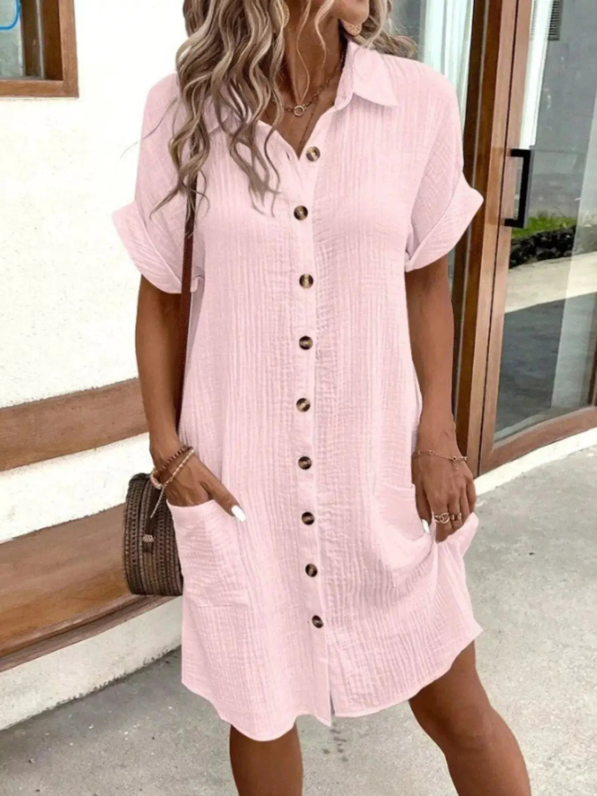 White Textured Button Down Shirt Dress With Pockets - Bitsy Gypsy Boutique