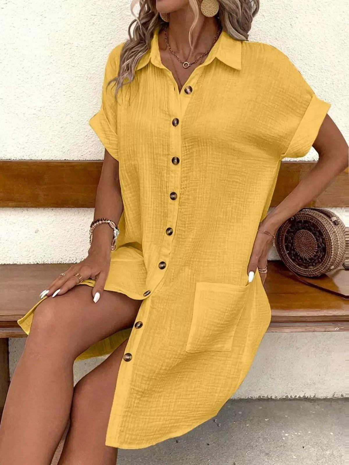 White Textured Button Down Shirt Dress With Pockets - Bitsy Gypsy Boutique