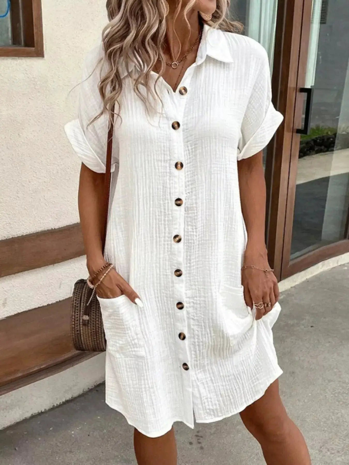 White Textured Button Down Shirt Dress With Pockets - Bitsy Gypsy Boutique