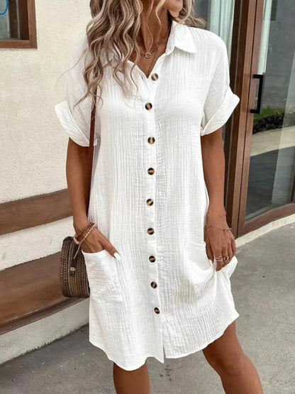 White Textured Button Down Shirt Dress With Pockets - Bitsy Gypsy Boutique