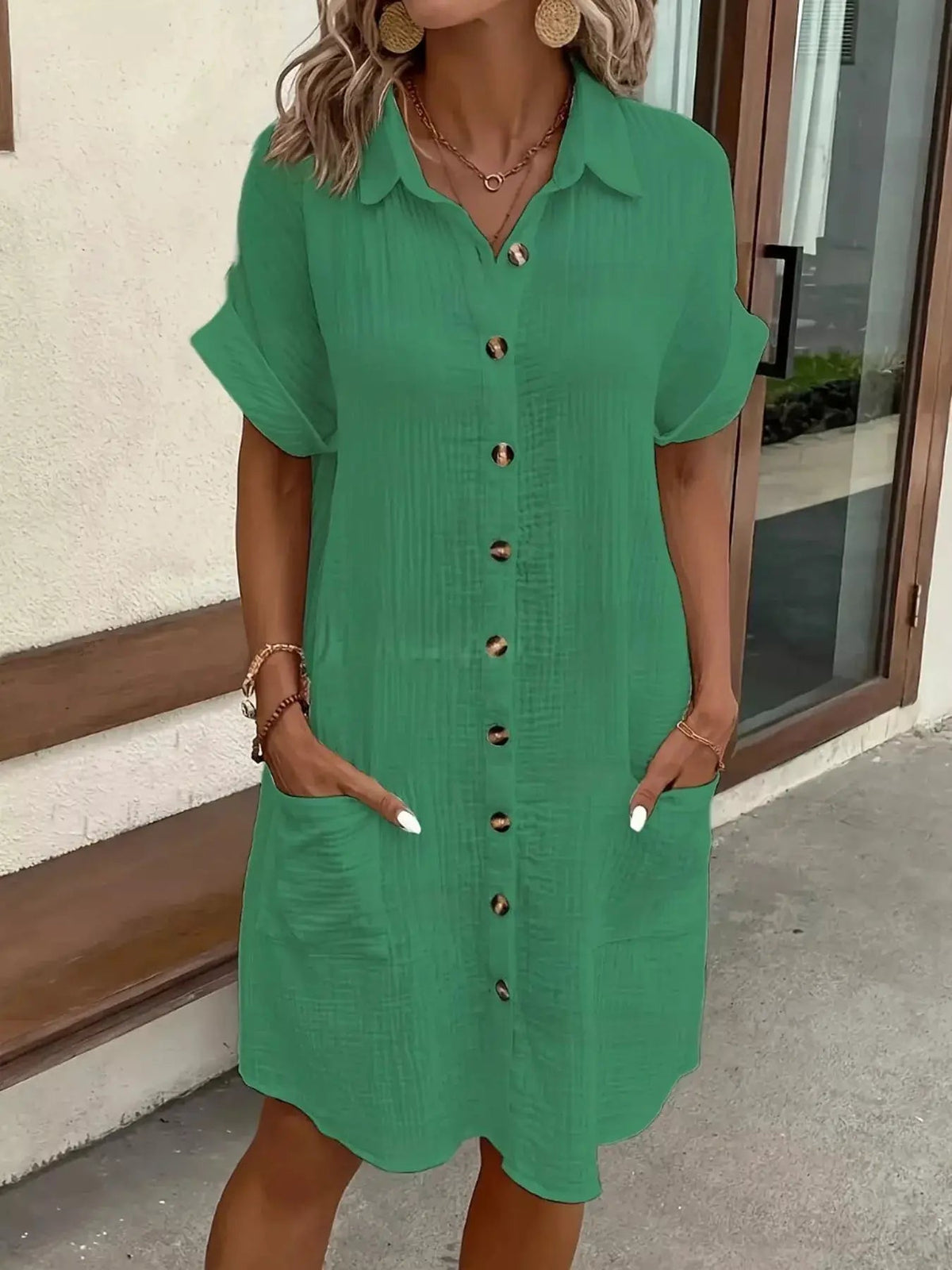 White Textured Button Down Shirt Dress With Pockets - Bitsy Gypsy Boutique