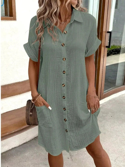 White Textured Button Down Shirt Dress With Pockets - Bitsy Gypsy Boutique