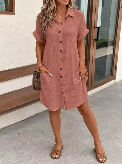 White Textured Button Down Shirt Dress With Pockets - Bitsy Gypsy Boutique