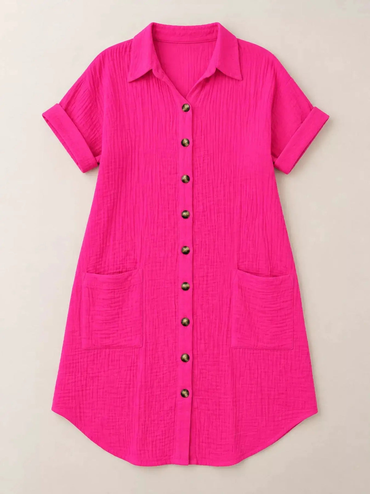 White Textured Button Down Shirt Dress With Pockets - Bitsy Gypsy Boutique