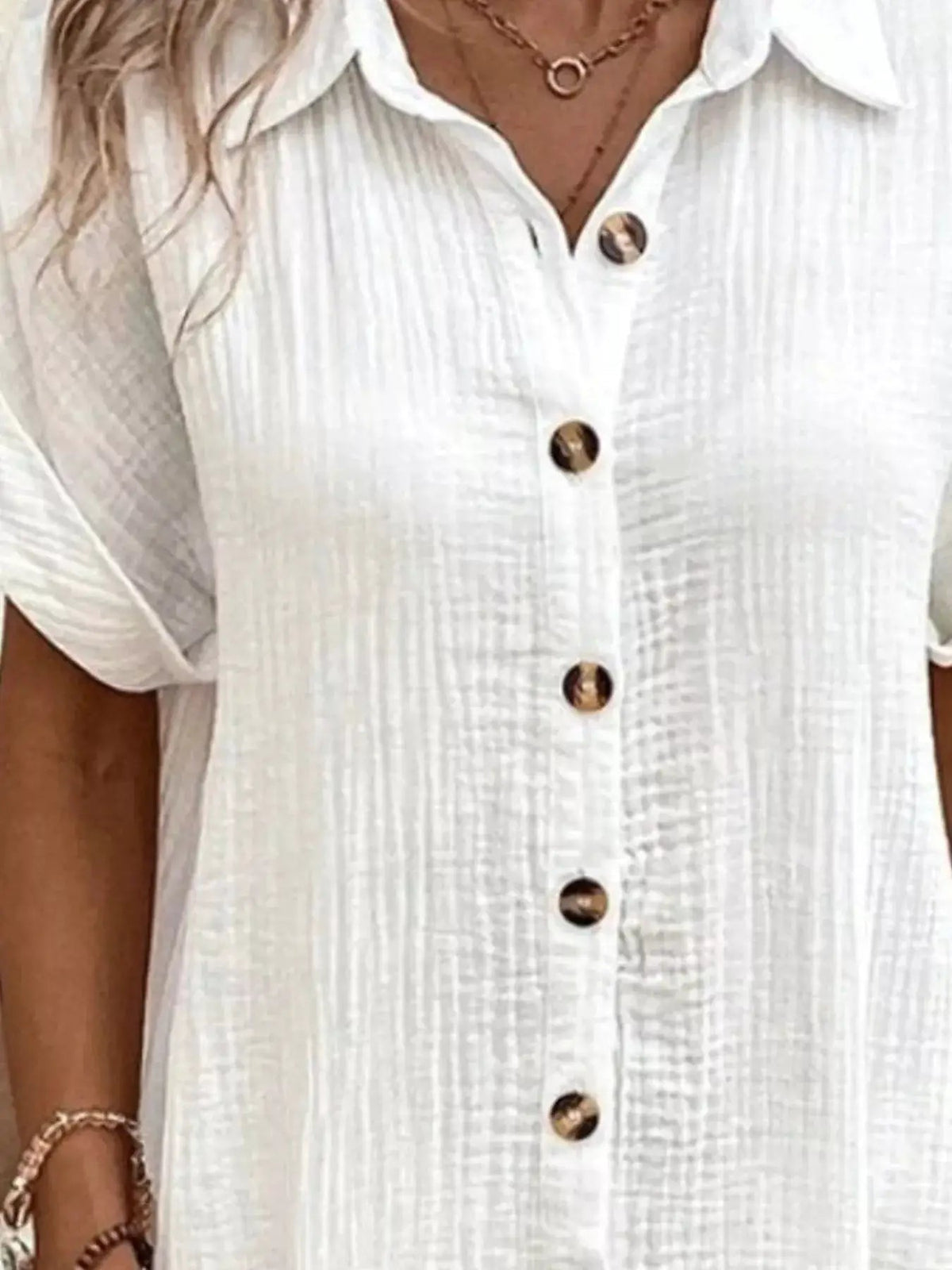 White Textured Button Down Shirt Dress With Pockets - Bitsy Gypsy Boutique
