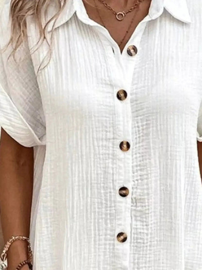 White Textured Button Down Shirt Dress With Pockets - Bitsy Gypsy Boutique