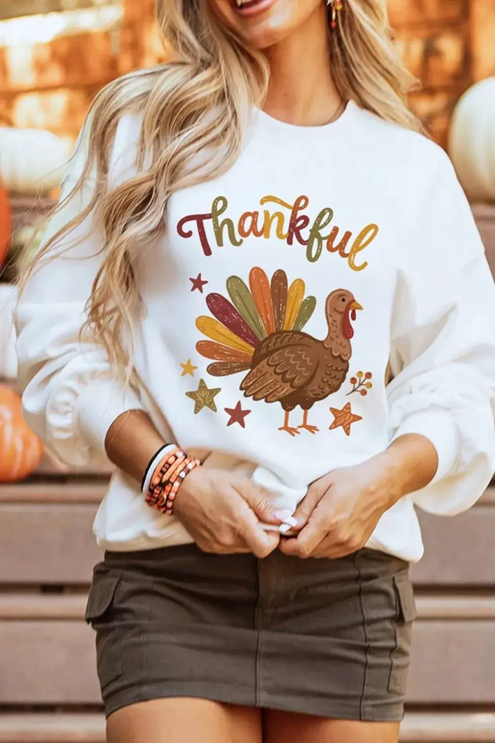 White Thankful Turkey Graphic Crewneck Sweatshirt - Bitsy Gypsy Boutique