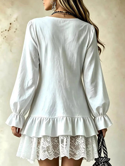 White V Neck Long Sleeve Ruffle Lace Mini Dress - Bitsy Gypsy Boutique
