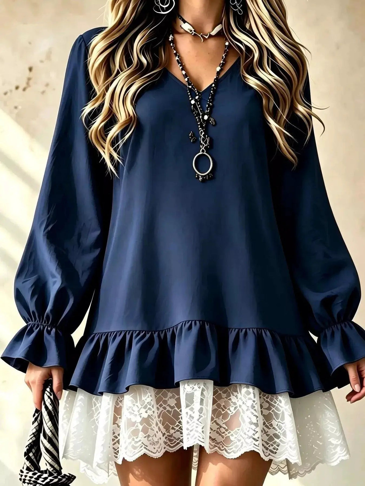 White V Neck Long Sleeve Ruffle Lace Mini Dress - Bitsy Gypsy Boutique