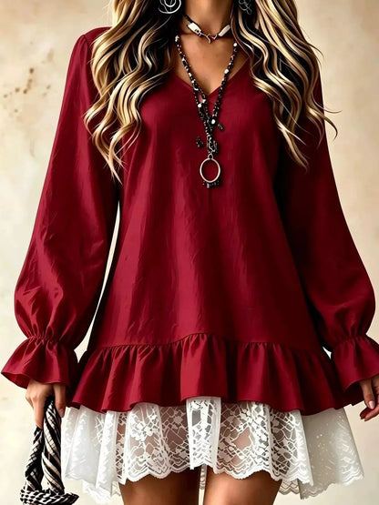 White V Neck Long Sleeve Ruffle Lace Mini Dress - Bitsy Gypsy Boutique